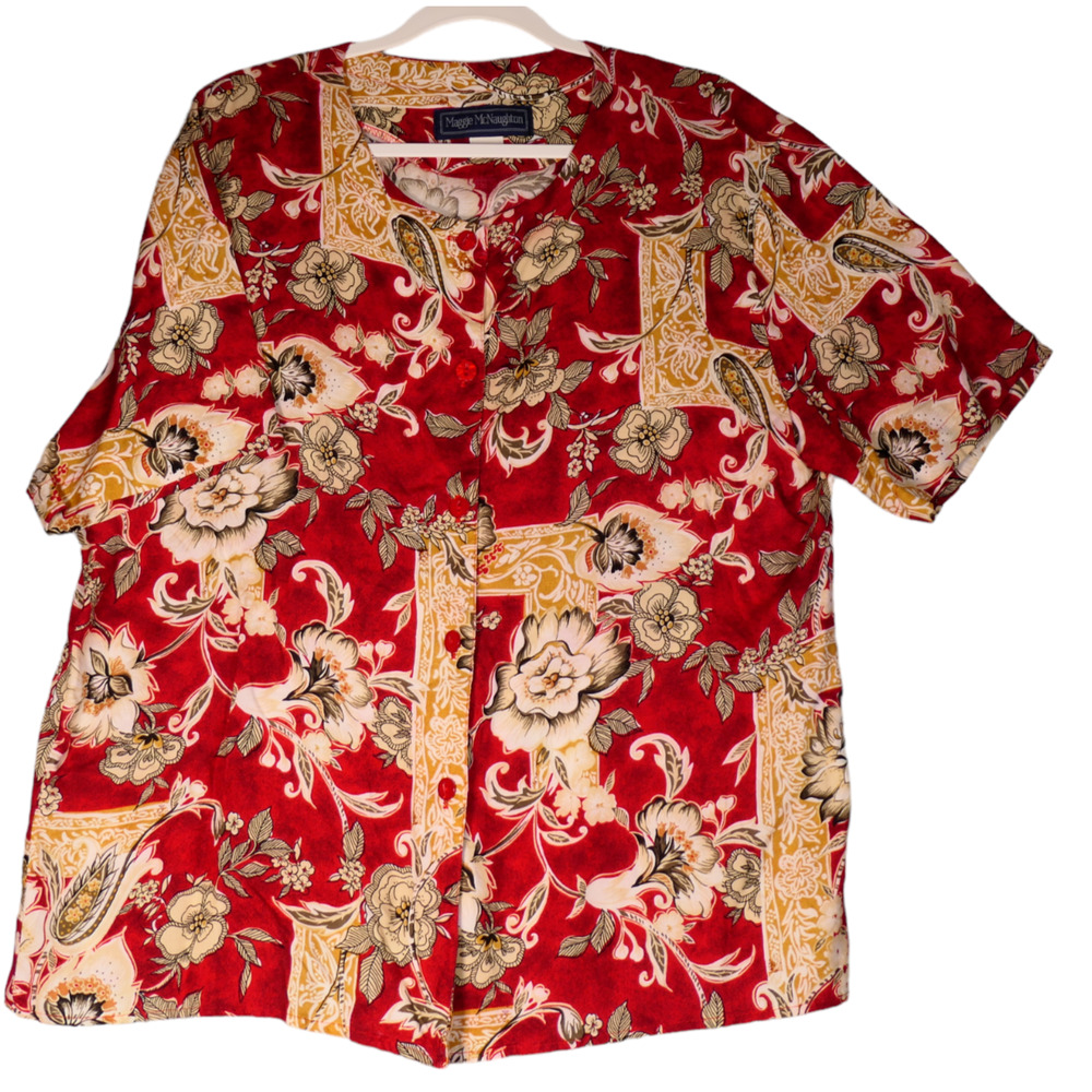 Vintage Maggie McNaughton Blouse Womens 16 Red Floral Collared Button Made USA - Picture 1 of 10